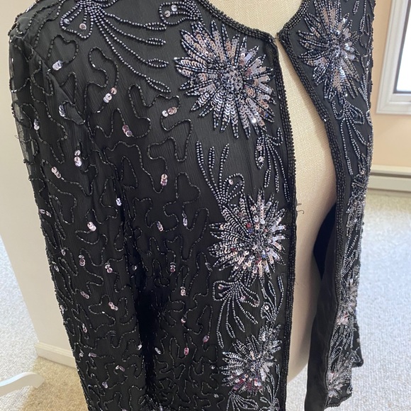 Vintage Silk Beaded Evening Jacket Sz Medium sequin 90s 80s Black - Picture 6 of 10